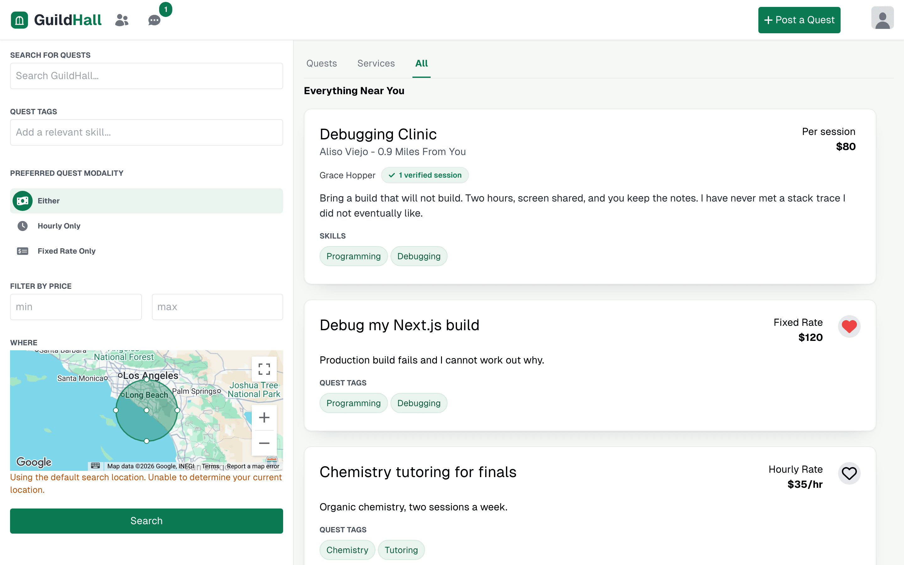 The GuildHall feed on the All tab: a service and two quests near Laguna Beach, each showing a title, a rough vicinity, distance in miles, a rate, and skill tags.
