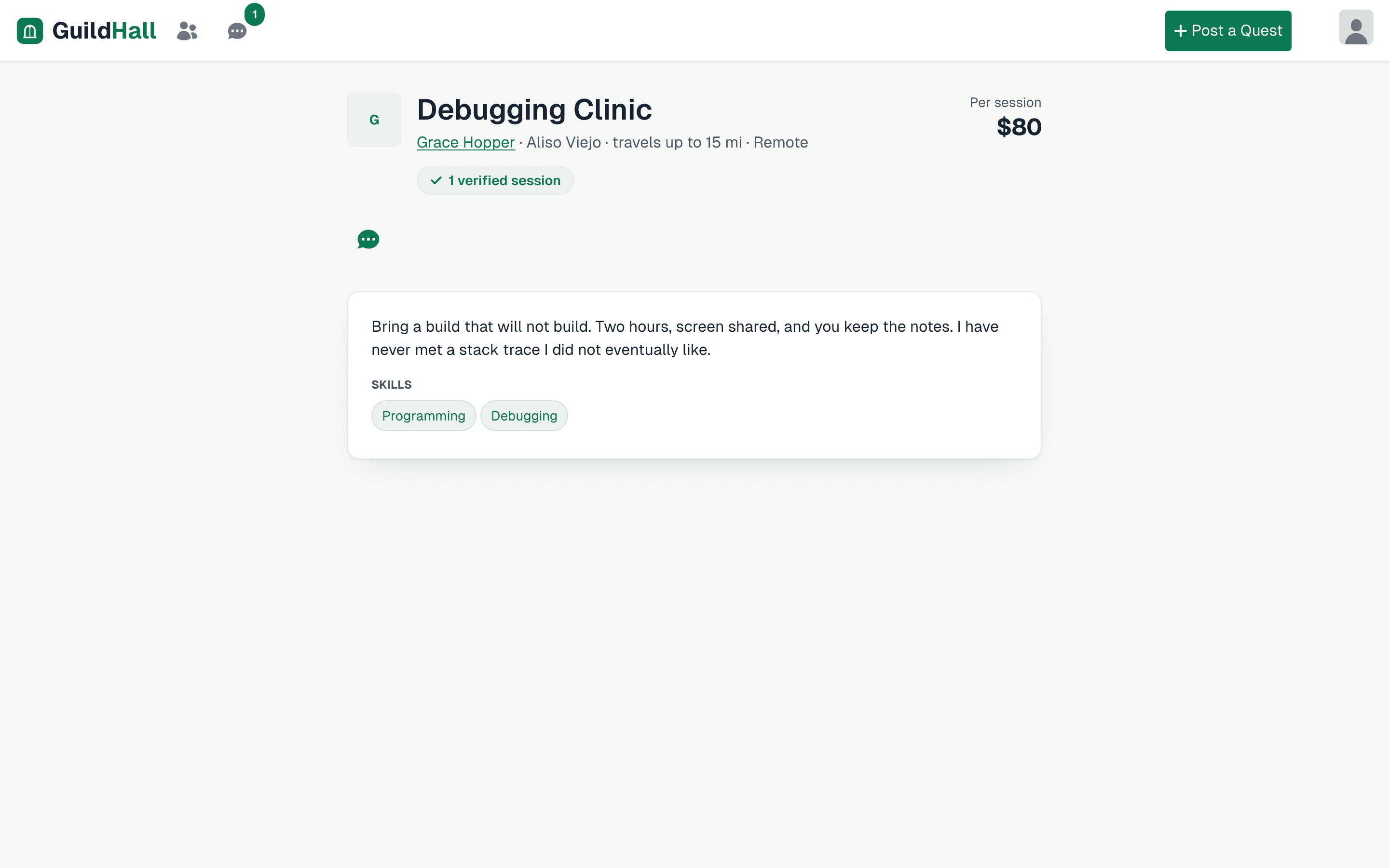 A service listing: the provider's name, a rough vicinity, how far they travel, whether they work remotely, a per-session rate, and skill tags.
